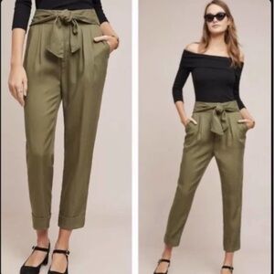 Anthropologie Cartonnier Kingsley Belted Olive Green Tie-Waist Pants W1232 Sz 6